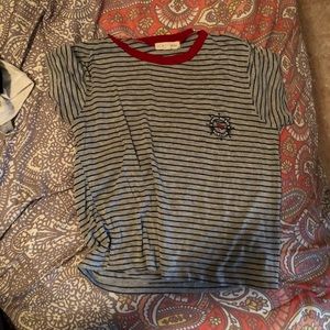 navy blue, gray, and red crop top